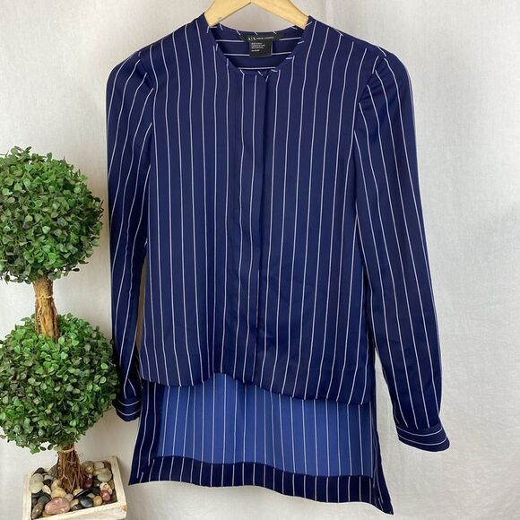Armani Exchange Blue & White Pinstriped Long Sleeve Collarless Blouse XS - Picture 2 of 6